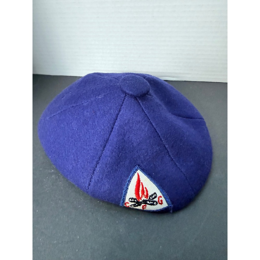 Vintage Camp Fire Girls Wool Beret Royal Blue Uniform Hat Patch Medium A-125